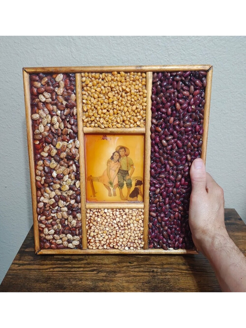 1970s Norman Rockwell Sweet Serenade Print Handmade Seed & Bean Mosaic Shadowbox